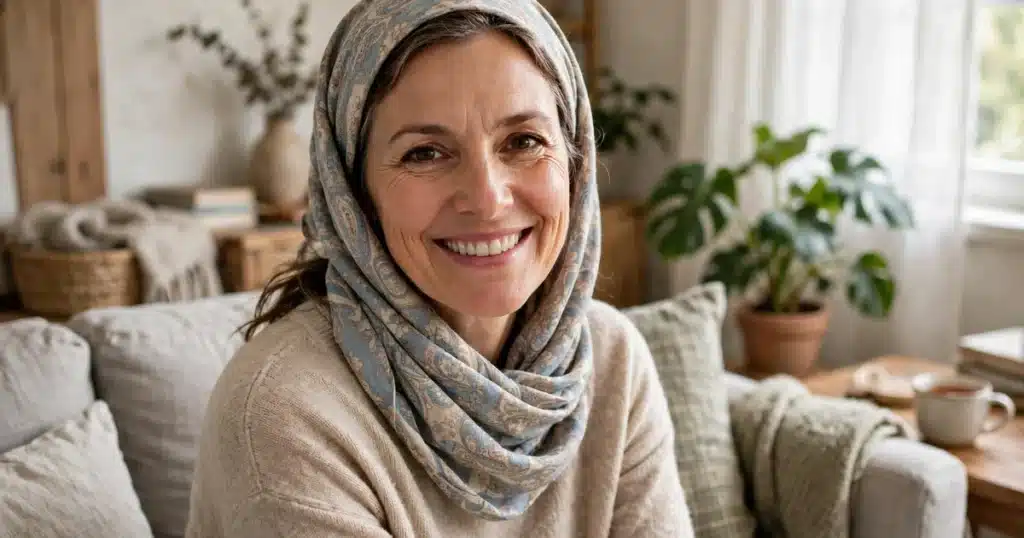Photo of a woman in her 50s wearing a soft patterned headscarf, smiling in a bright living room at home