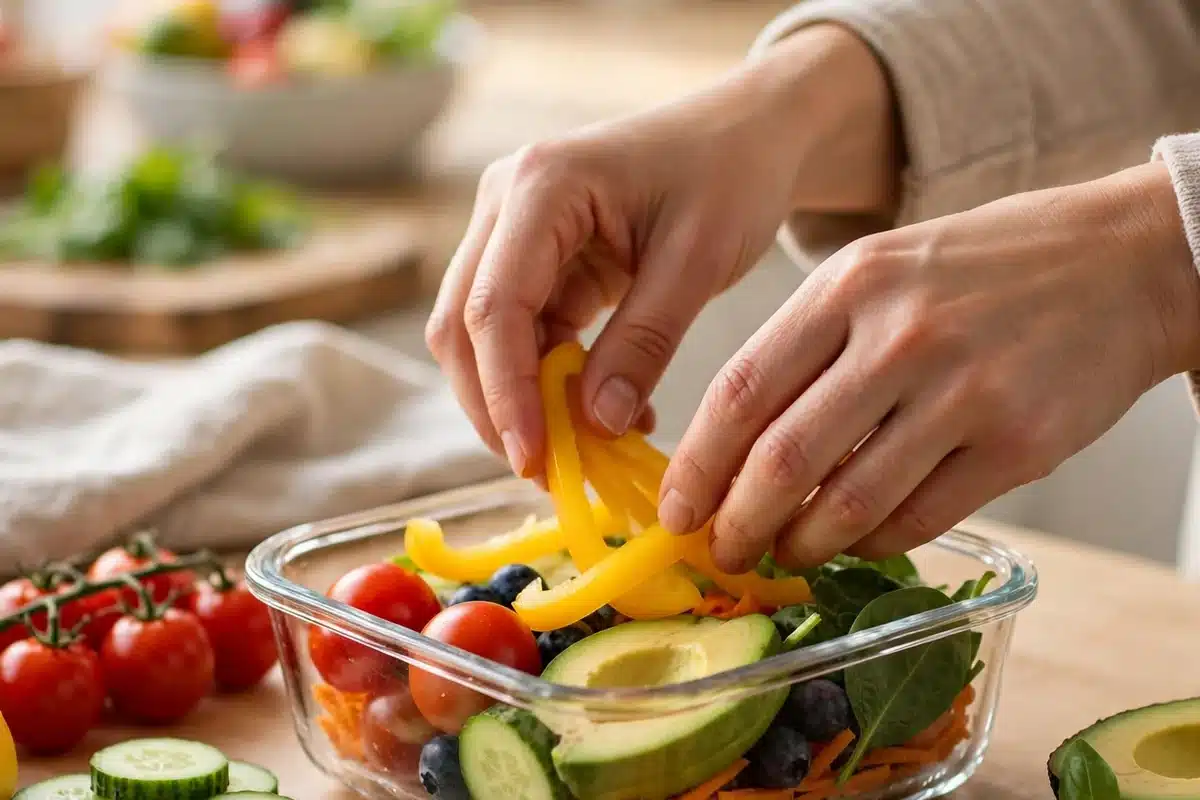 A caregiver in a home kitchen preparing a simple colorful meal with vegetables, in warm morning light