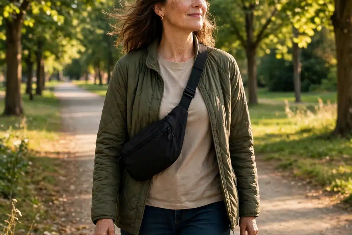 A caregiver taking a short restorative walk outdoors on a tree-lined path in soft daylight
