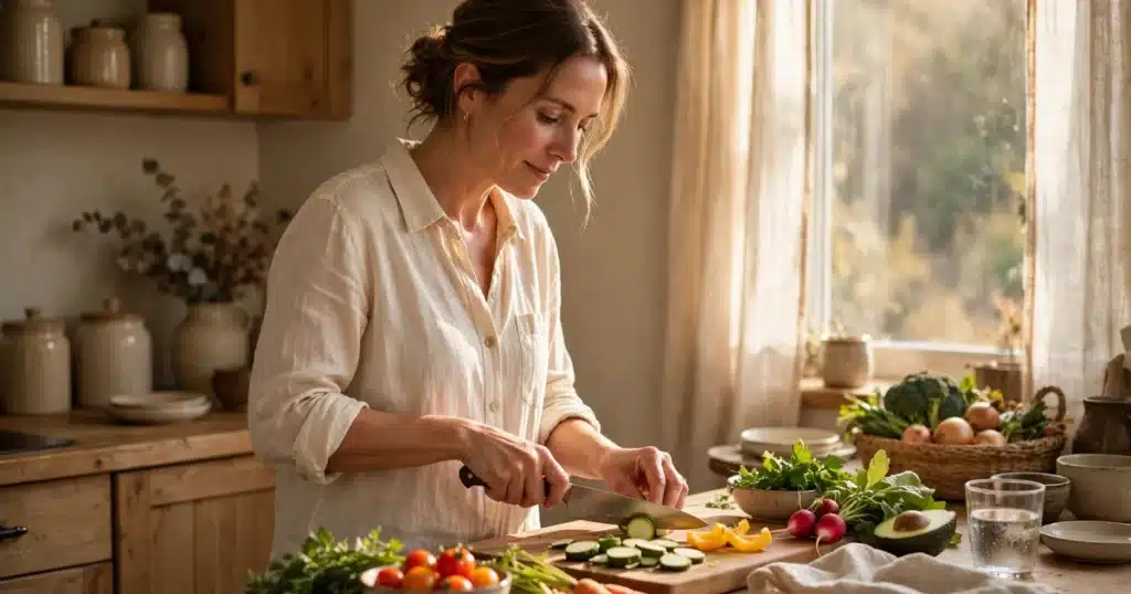 A caregiver chopping fresh vegetables in a warm, sunlit home kitchen