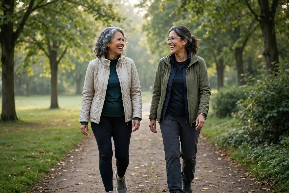 Photo of two women friends in their late 50s walking together along a tree-lined path in soft morning light, mid-conversation, dressed for a brisk walk