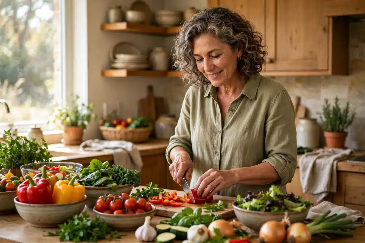 Photo of a woman in her late 50s preparing a colorful home-cooked meal with fresh vegetables at her kitchen counter in bright natural light, relaxed and content