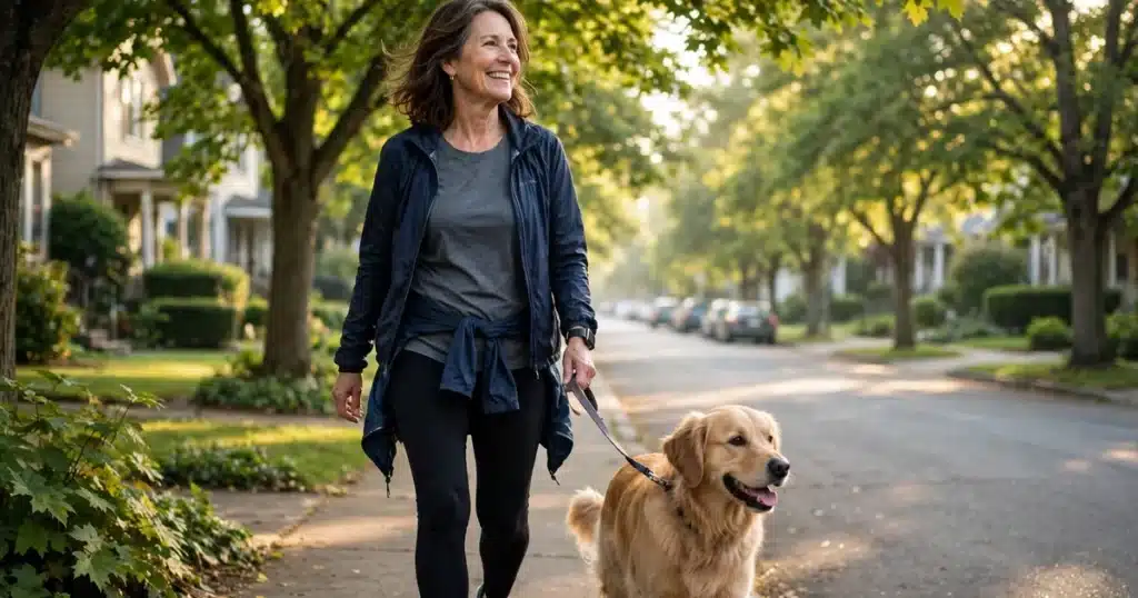 Photo of a woman in her late 50s walking her dog along a leafy residential street in warm morning light, active and smiling