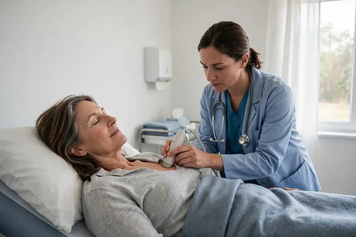Photo of a woman in her late 50s lying comfortably on an examination couch in a bright clinic room while a clinician performs an ultrasound scan of her chest with a handheld probe, calm and relaxed