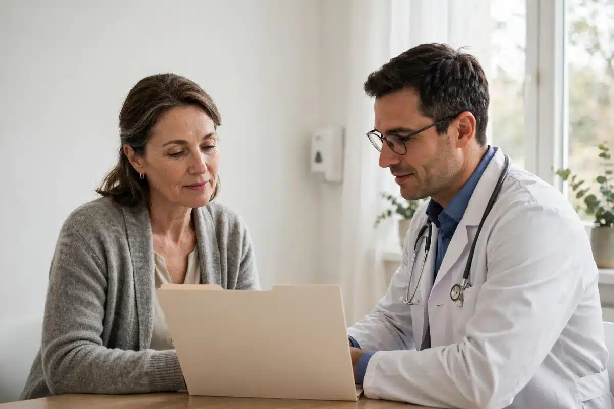 Photo of a woman in her late 50s talking with her doctor in a bright clinic room about her follow-up test results, both looking at a laptop on the desk together, relaxed and unhurried