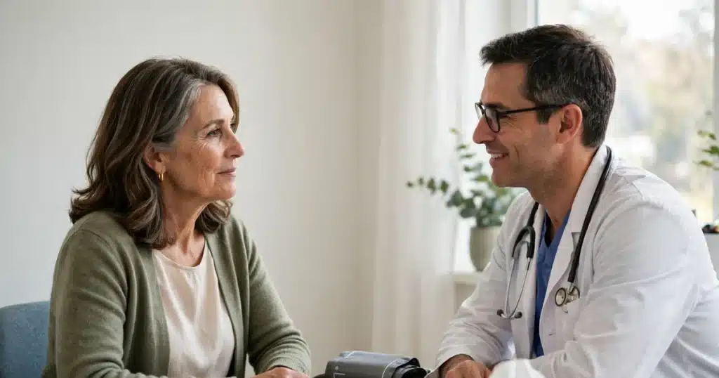 Photo of a woman in her late 50s sitting with her doctor in a bright clinic room discussing her follow-up care, calm and attentive in natural light