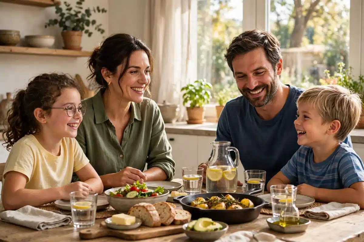A happy family sharing a home-cooked meal together at a sunny kitchen table in warm natural light.
