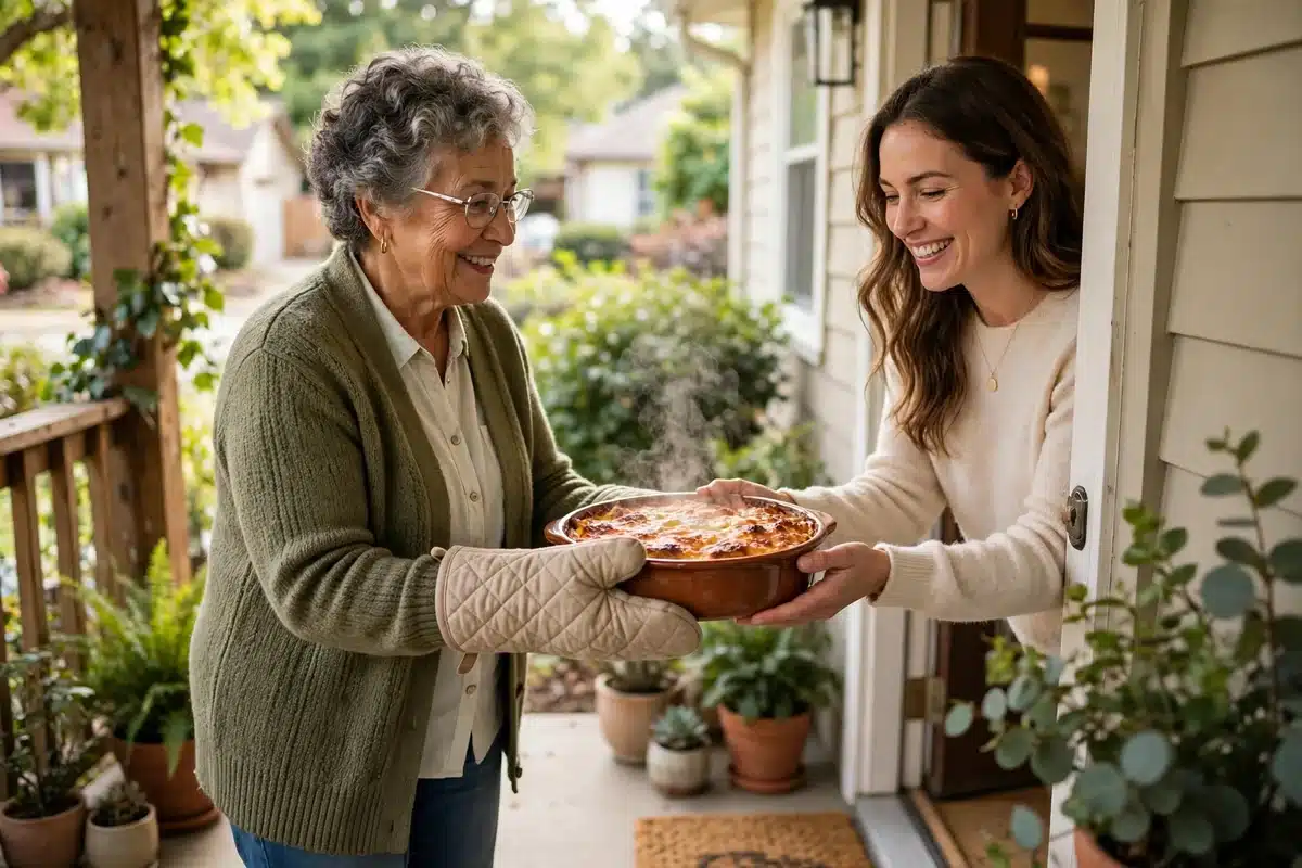 An older woman in an oven mitt handing a steaming casserole dish to a smiling younger woman at her front door on a bright porch.