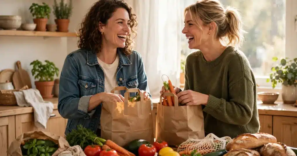 Two smiling women unpacking paper grocery bags of fresh produce together in a bright warm kitchen with sunlight through a window.
