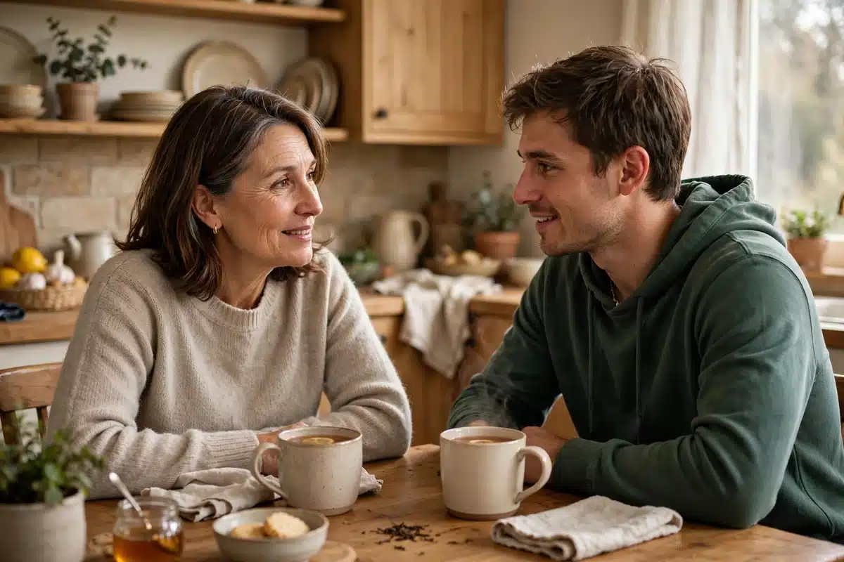 Photo of a woman and her adult son sitting together at a kitchen table at home, talking gently over cups of tea