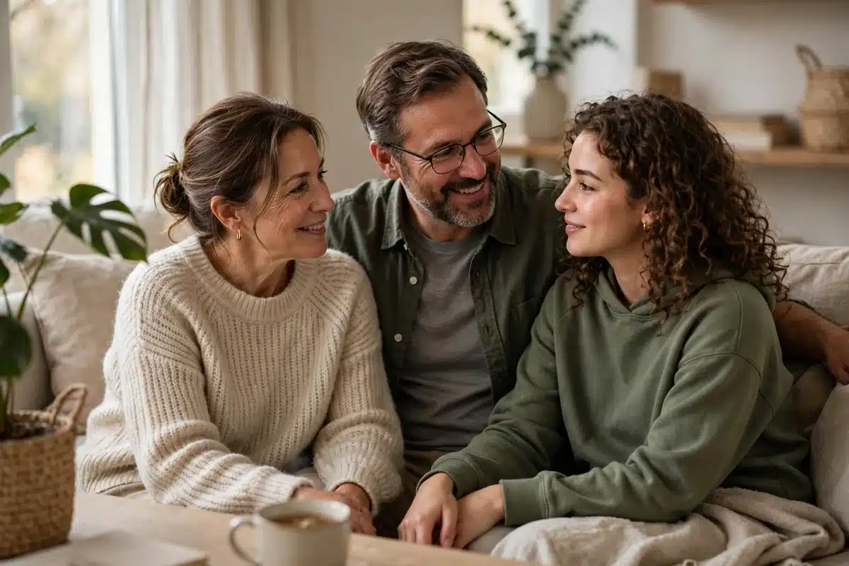 Photo of a woman, her husband, and her adult daughter sitting close together in a warm living room at home, talking supportively