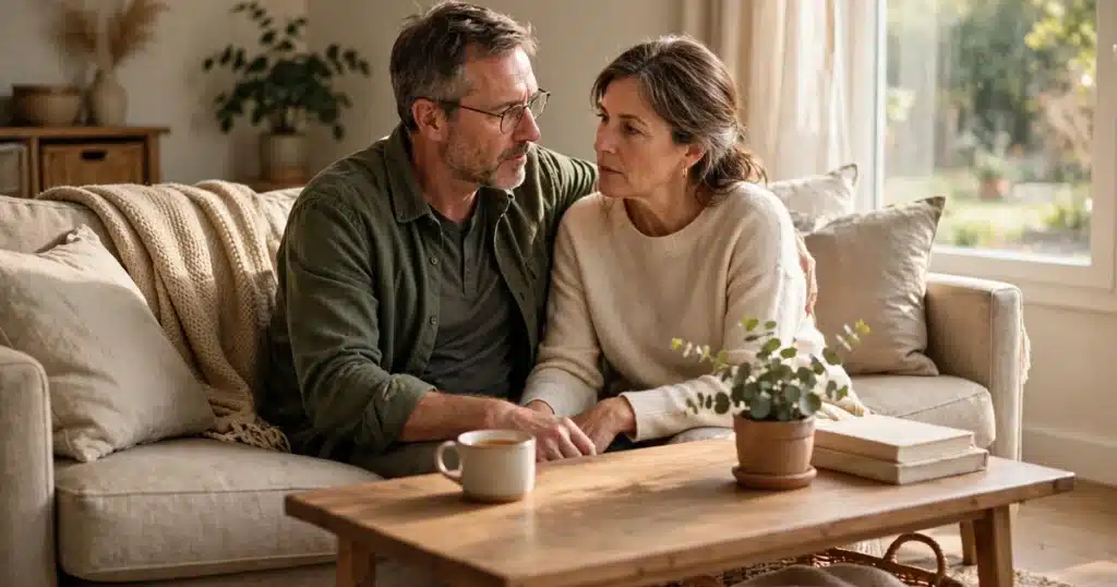 Photo of a husband and wife sitting close together on a sofa at home, talking quietly as they decide together how to share her diagnosis news