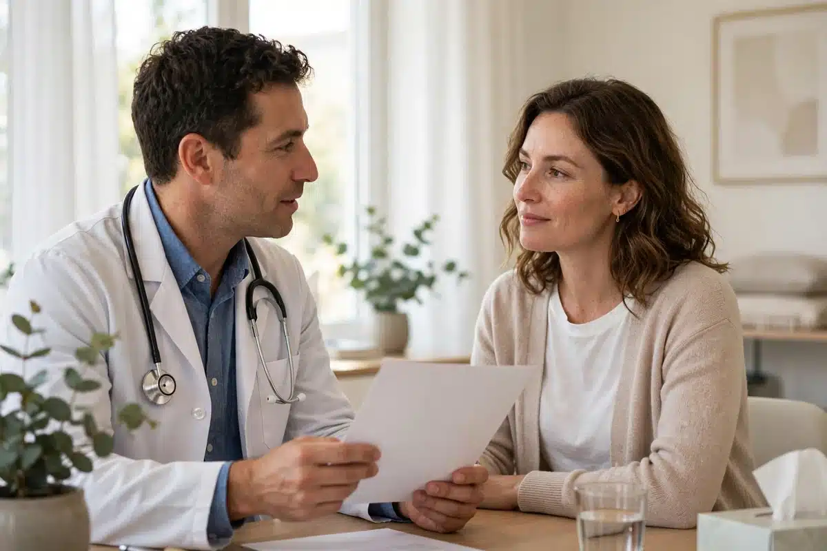A woman in a light cardigan speaking with her oncologist in a bright consultation room