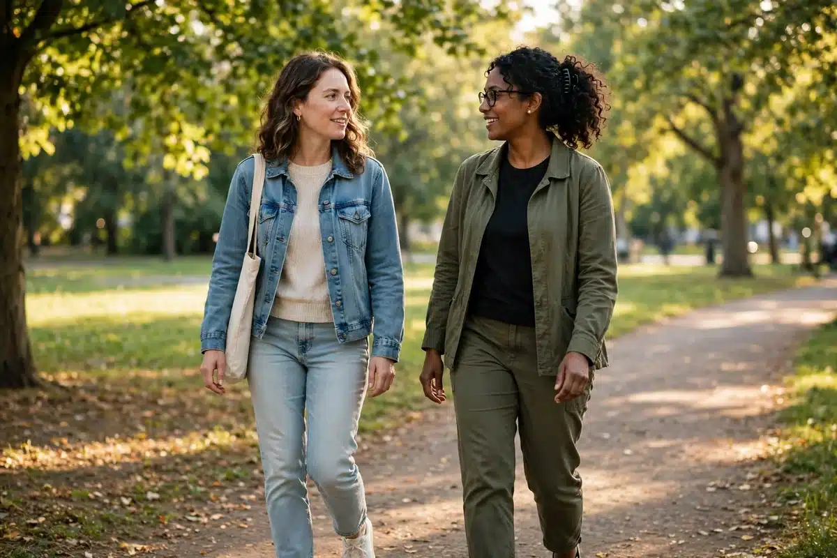 Two women walking side by side through a sunlit park, talking quietly