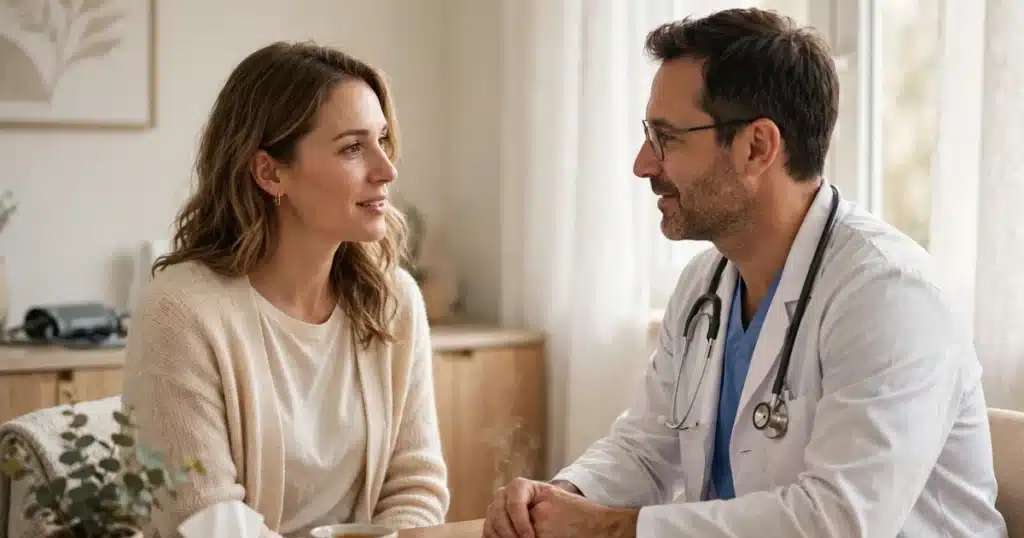 Woman in a light cardigan speaking with her oncologist in a bright consultation room