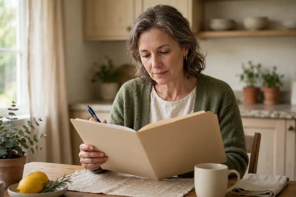 Photo of a woman in her 50s at home reading a plain folder of notes at her kitchen table in soft daylight, a pen in her hand