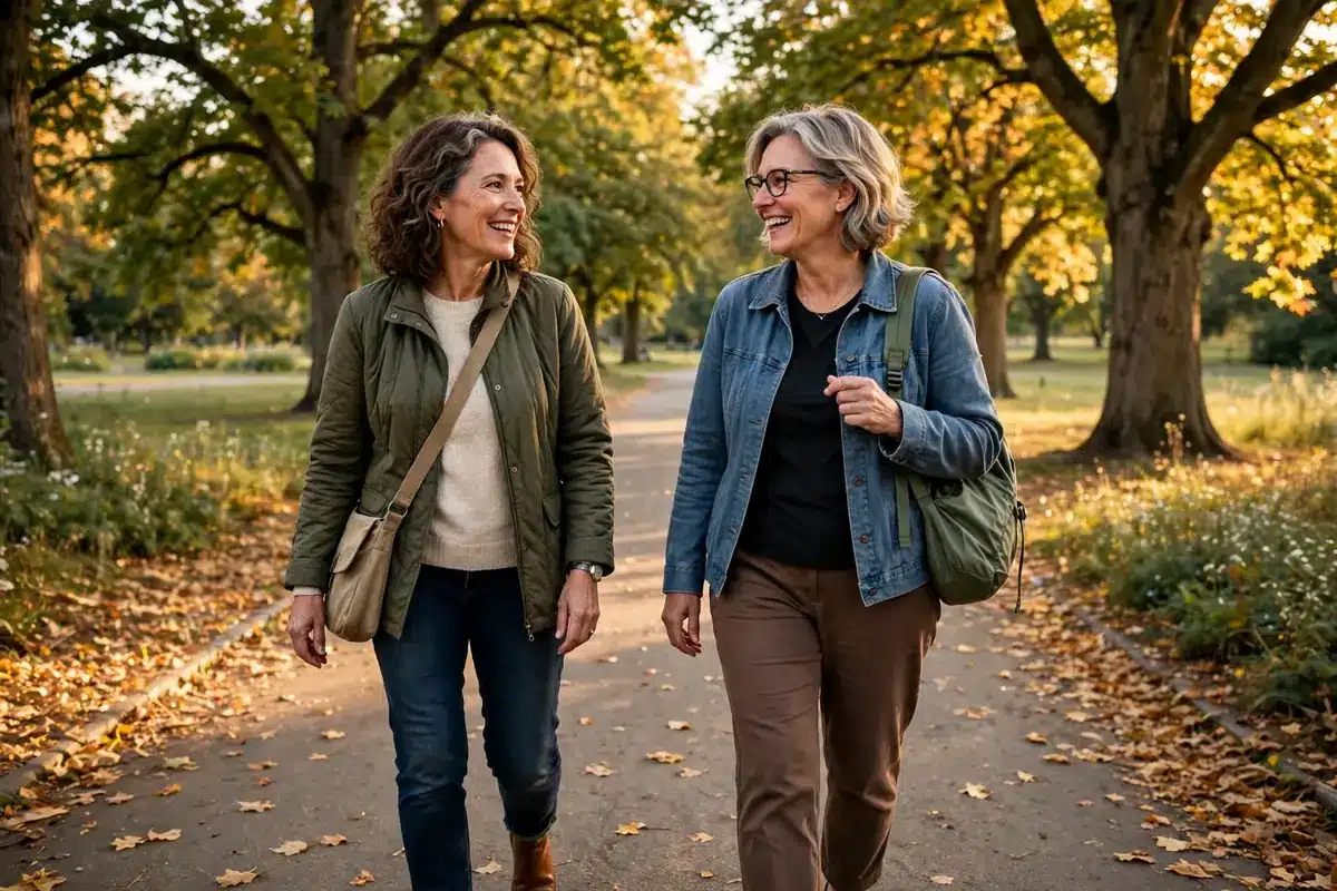 Photo of a woman in her 50s walking with a friend along a tree-lined park path in warm afternoon light, talking together