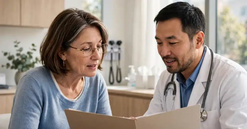 Photo of a woman in her 50s talking with her doctor in a bright clinic office, looking at her report together, calm and engaged