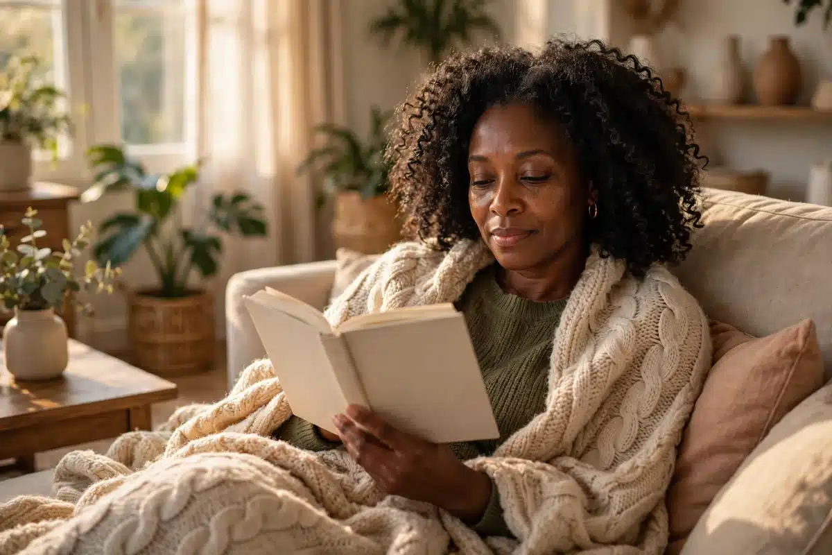Photo of a woman resting on her sofa at home reading a book under a soft blanket
