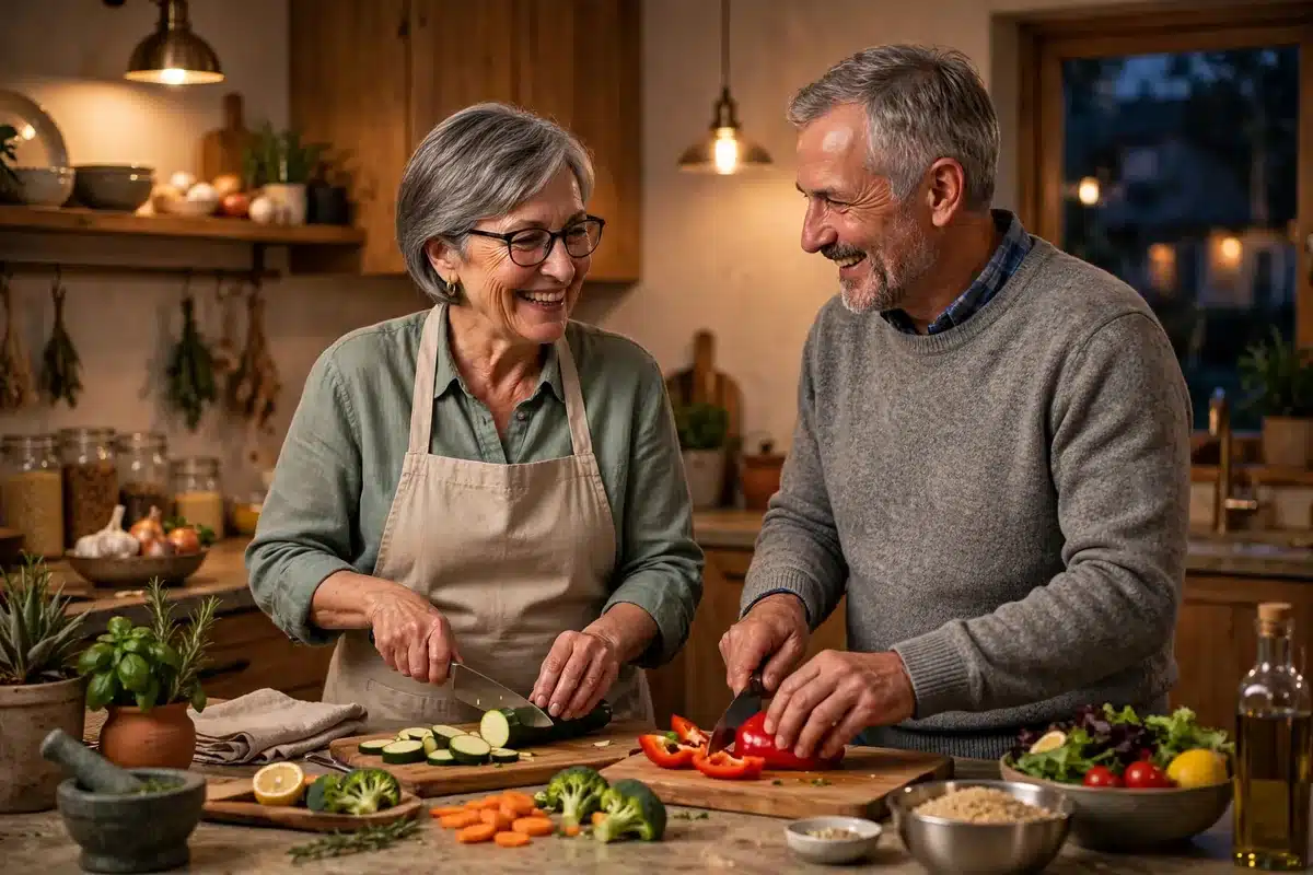 Photo of a woman and her partner preparing a healthy meal together in their kitchen