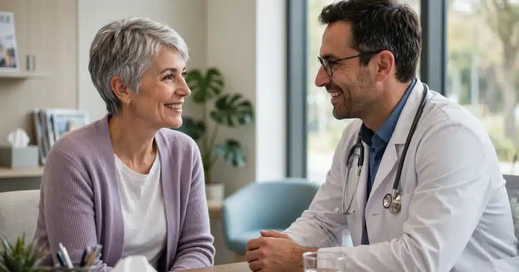 Photo of a woman in her 50s talking with her oncologist in a bright modern clinic office