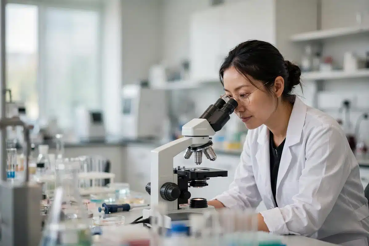 Photo of a laboratory scientist in a white coat looking through a microscope in a bright modern lab