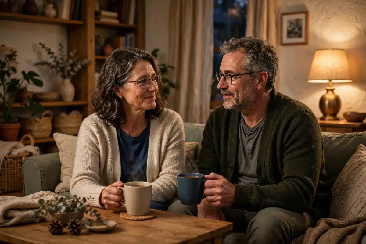 Photo of a woman and her partner sitting together on a couch at home talking calmly over mugs of tea