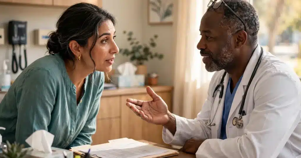 Photo of a woman in her late 40s asking questions while her doctor explains a report in a sunny clinic office