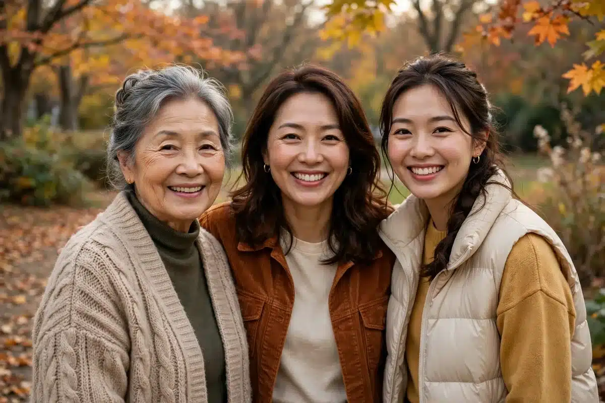 Photo of three generations of women in one family — a grandmother, her daughter, and an adult granddaughter — standing together outdoors in soft autumn light, smiling warmly at the camera