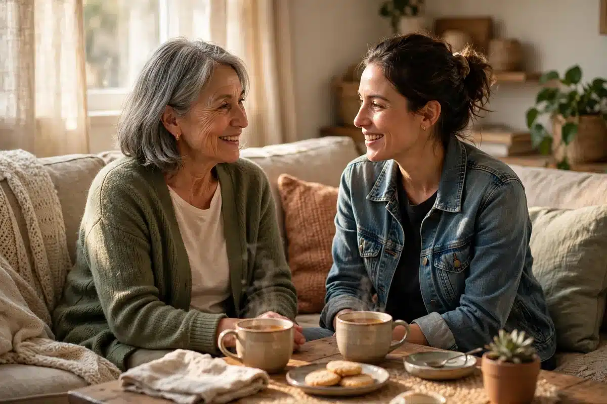 Photo of a mother and her adult daughter sitting together on a sofa at home talking warmly, sharing family stories over cups of tea in soft afternoon light