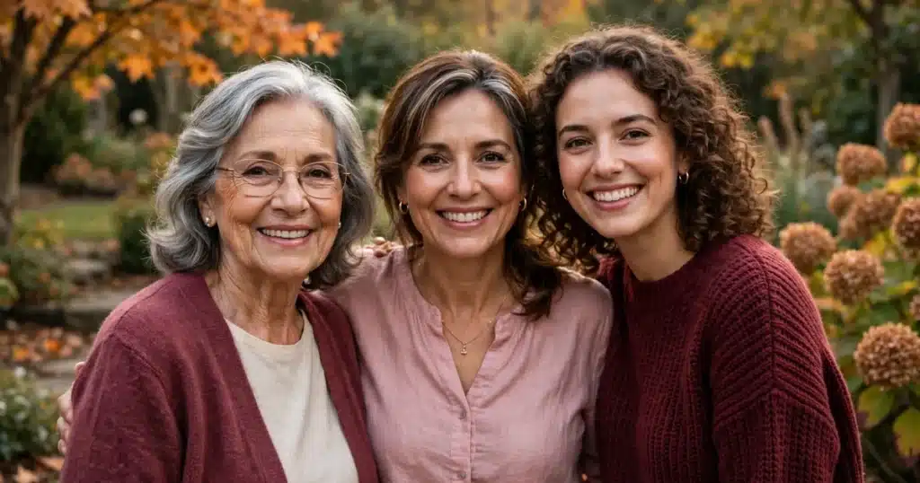Photo of three generations of women in one family — a grandmother in her 70s, her daughter in her 50s, and an adult granddaughter in her 20s — standing together outdoors in a garden in soft autumn light, smiling warmly at the camera