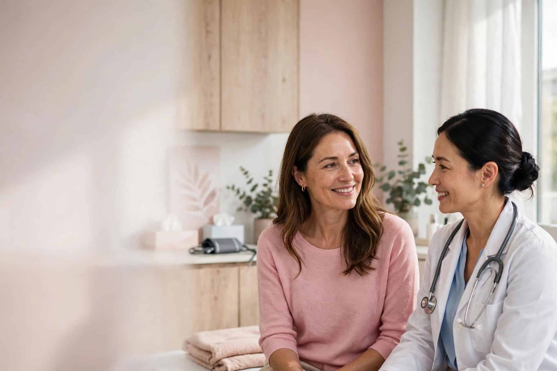 A woman in a pink sweater smiling while talking with her doctor in a bright clinic room