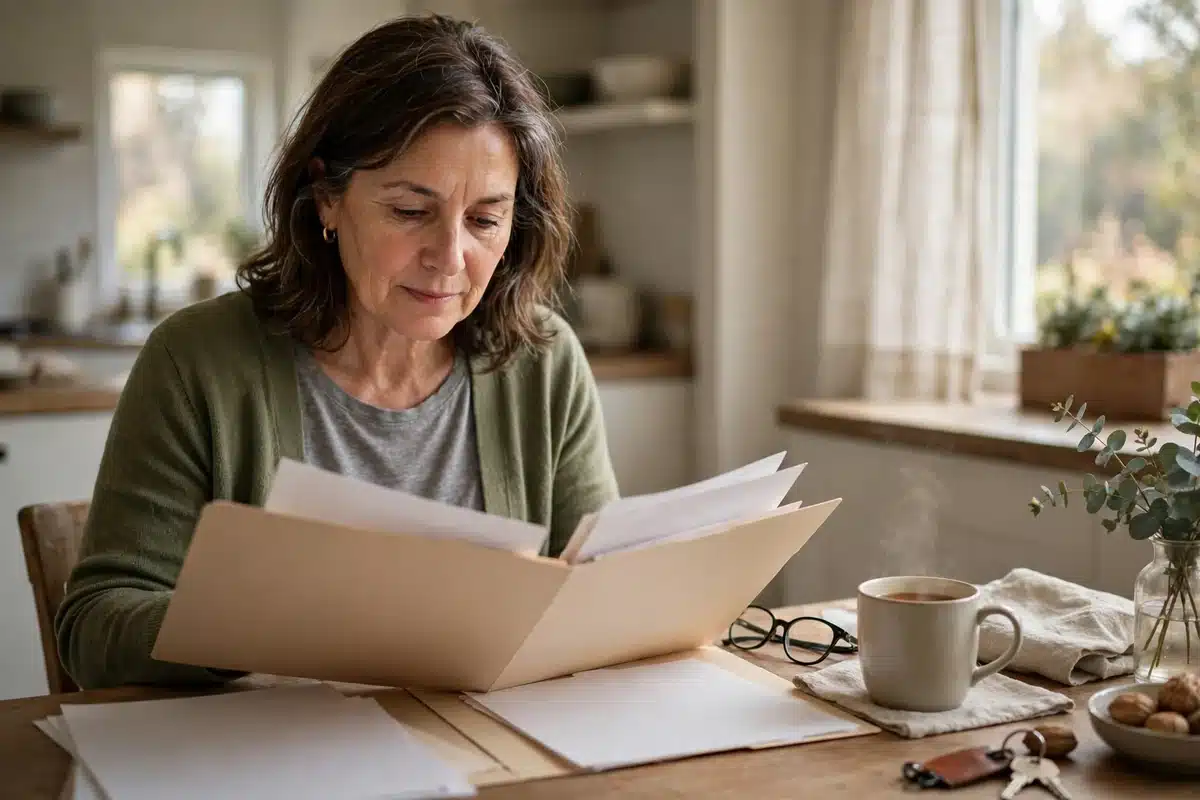 Photo of a woman in her 50s at home reading through her own medical paperwork at a kitchen table with a plain folder, soft daylight