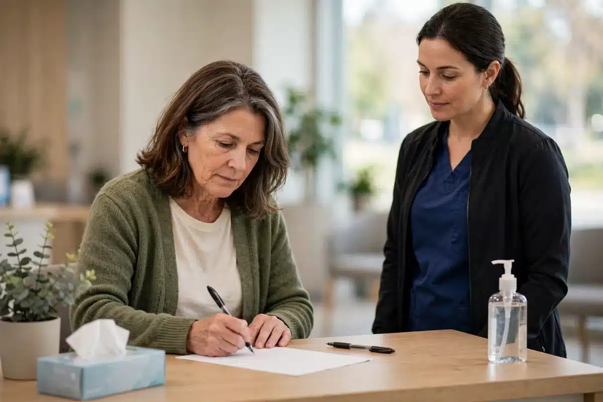 Photo of a woman in her 50s signing a plain form at a clinic reception desk while a staff member waits, bright calm setting, no readable text