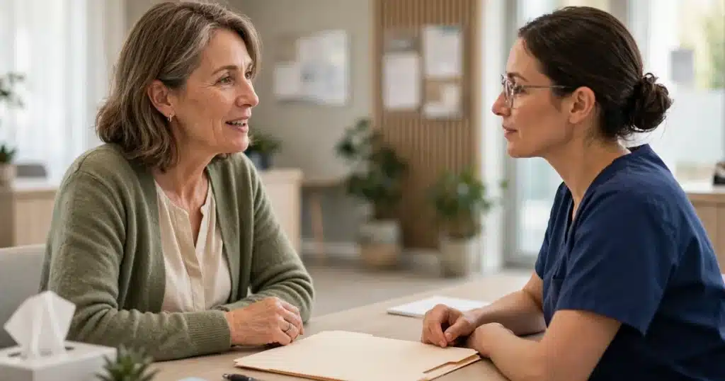Photo of a woman in her 50s talking with a medical records clerk at a bright clinic front desk about her file, calm and reassured, natural light