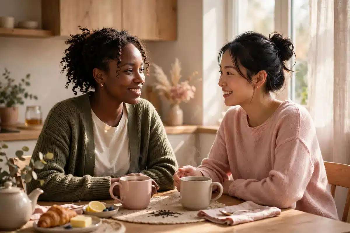 Two women friends sharing tea and a supportive conversation at a sunny kitchen table
