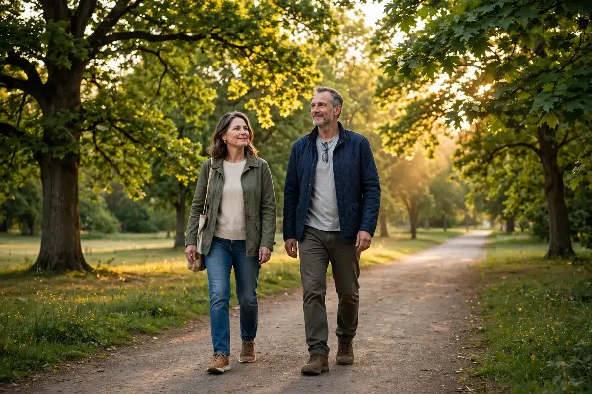 A couple walking together along a tree-lined park path in golden afternoon light