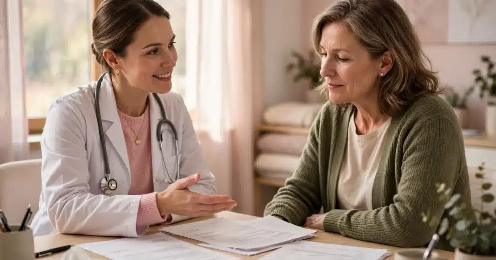 A woman patient calmly reviewing paperwork with her doctor in a bright consultation office