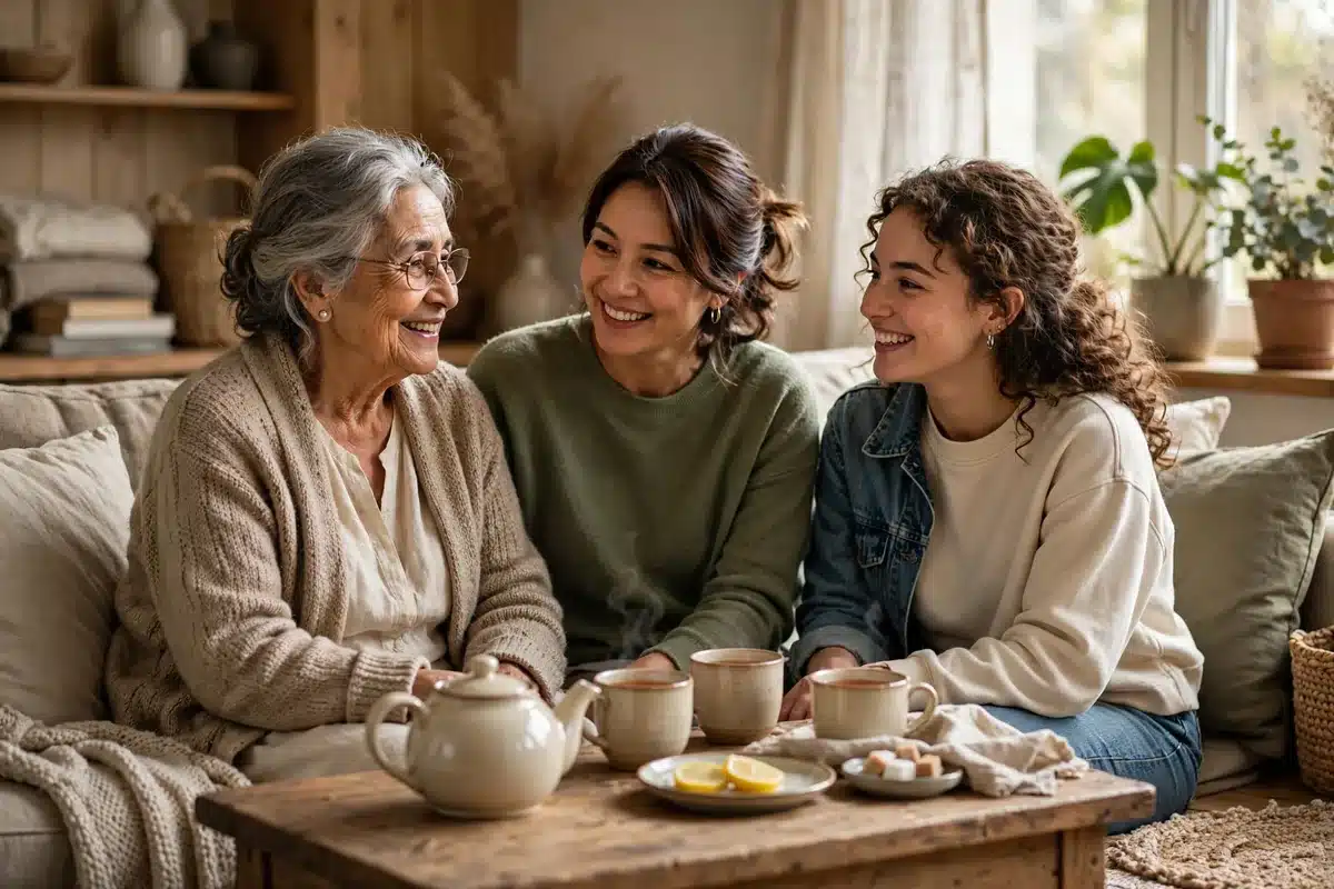 Photo of three generations of women — grandmother, mother, and daughter — talking together at home