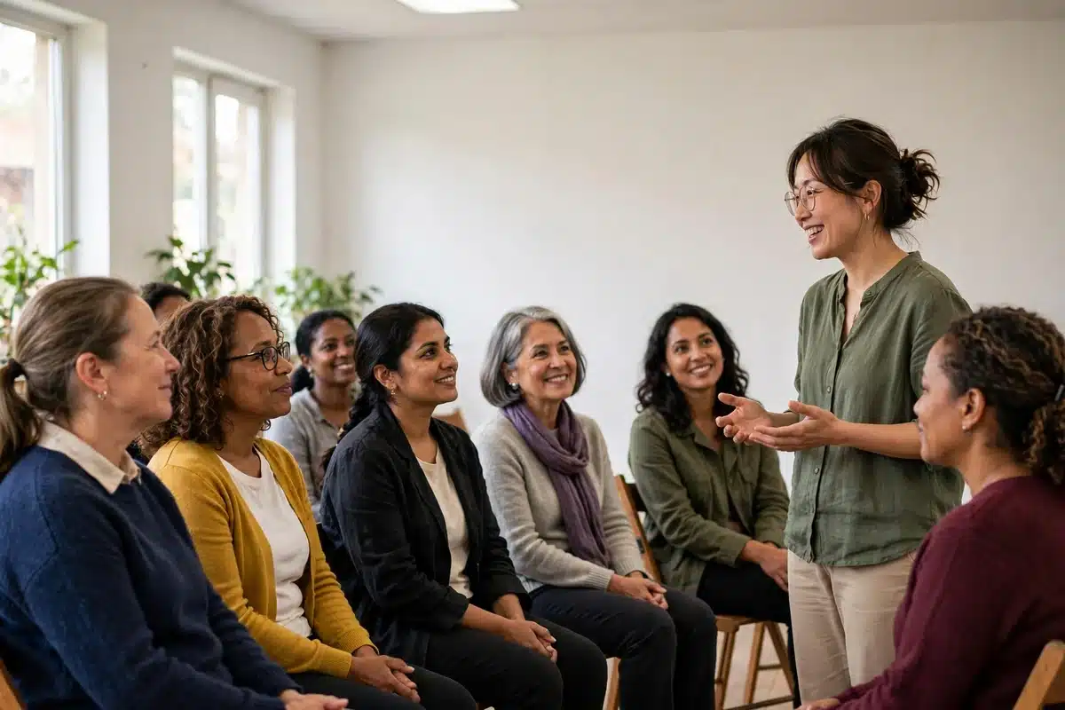 Photo of women listening to a speaker at a friendly community breast health talk in a bright hall