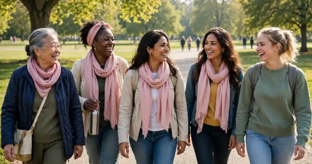 Photo of a group of women of different generations walking together at a community breast cancer awareness event, several wearing soft pink scarves