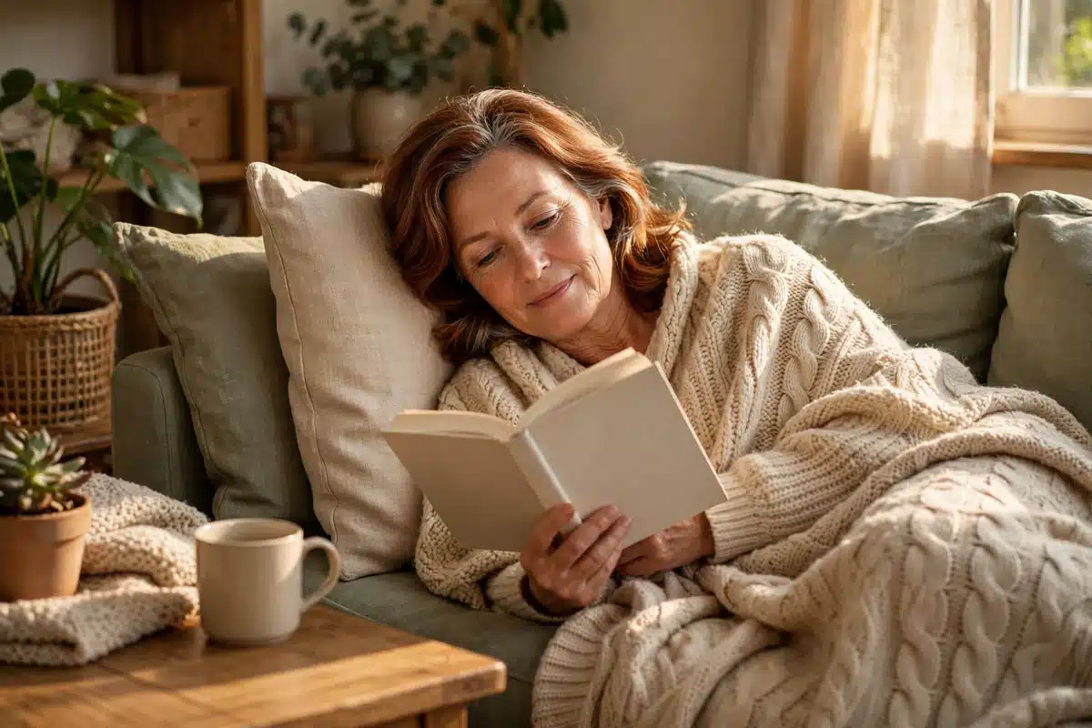Photo of a woman resting on her sofa at home under a soft blanket, reading a book