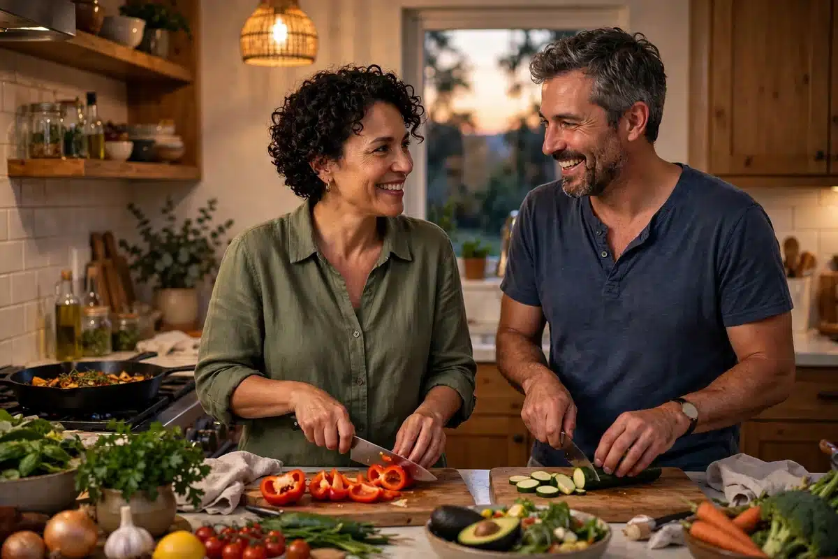 Photo of a woman and her partner preparing a healthy meal together in their kitchen