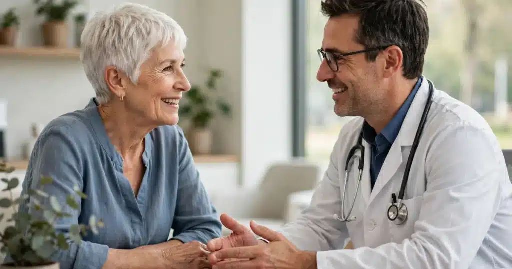 Photo of a woman in her 60s with short white hair talking with her oncologist in a bright modern clinic office