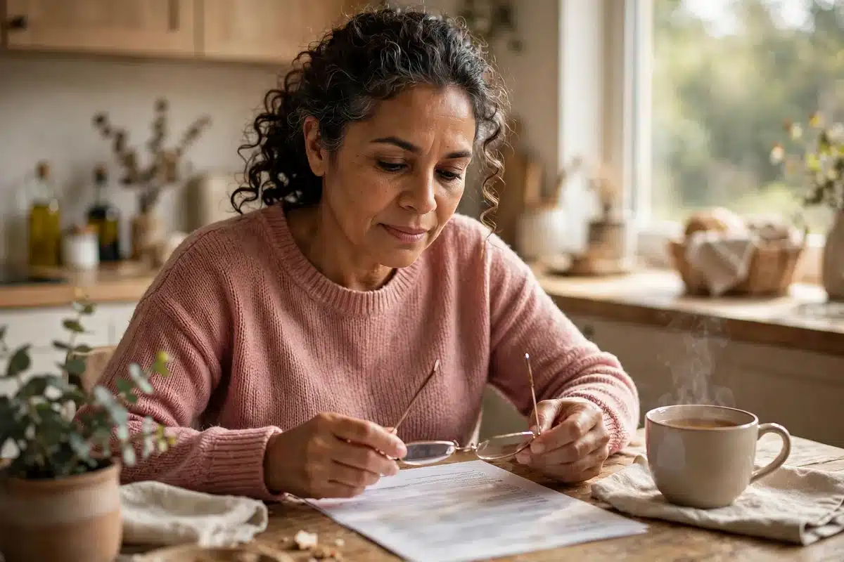 Photo of a woman in her 50s sitting at a kitchen table reading her pathology report with a cup of tea beside her
