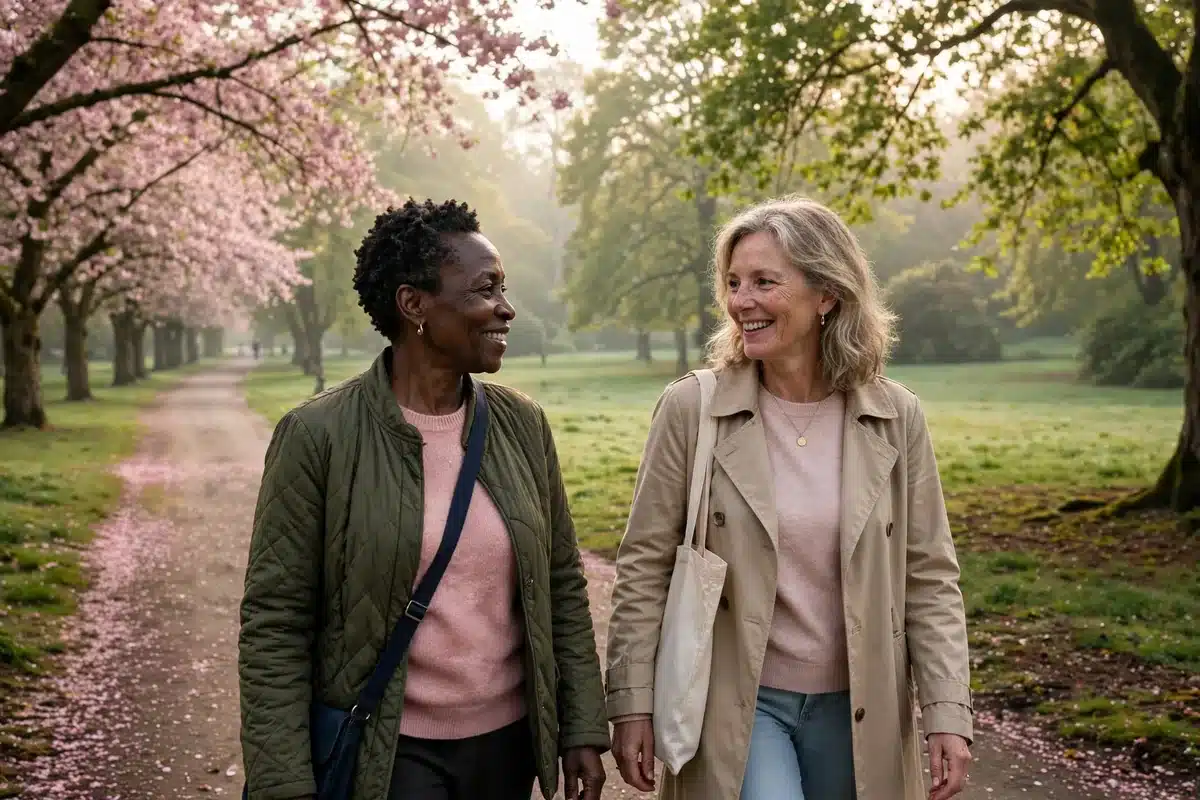 Photo of two women friends walking together on a tree-lined path in soft morning light