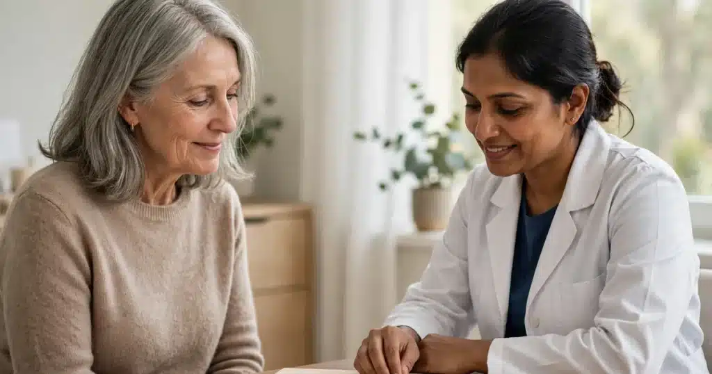 Photo of a woman in her early 60s talking with her doctor in a bright clinic room, both looking kindly at a folder on the desk