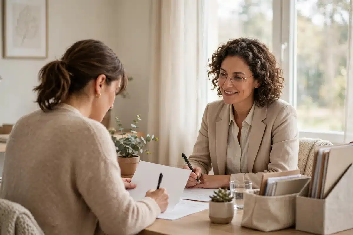 Photo of a woman filling in a form at a desk while a counselor sits nearby to help