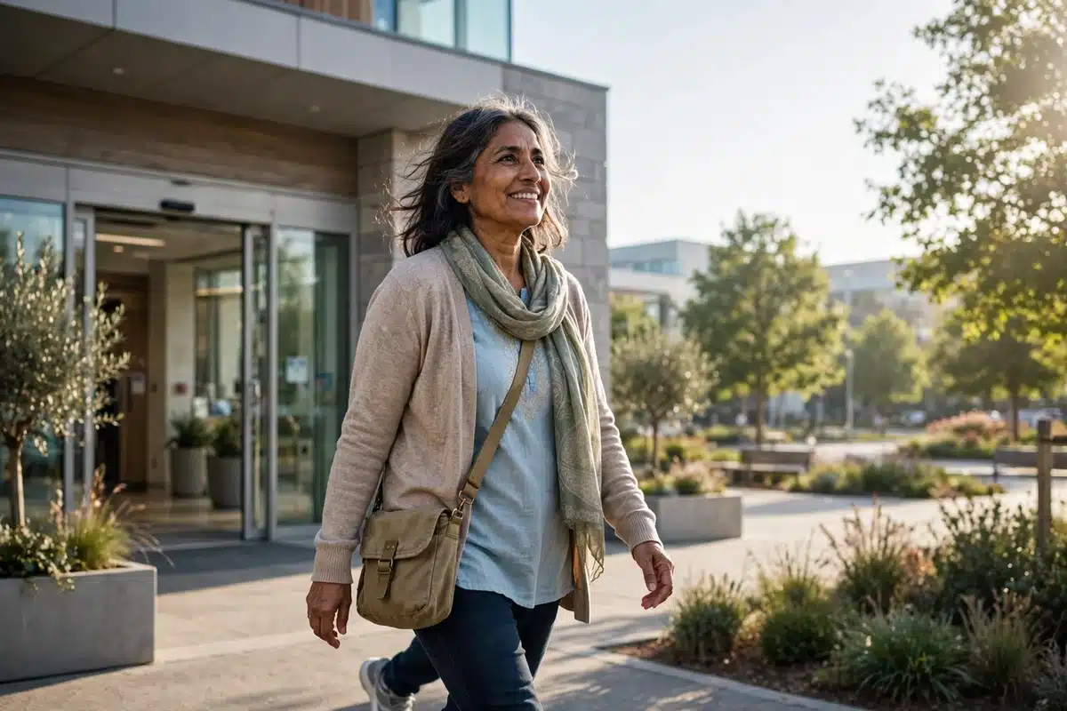 Photo of a woman leaving a hospital entrance into daylight with a relieved smile