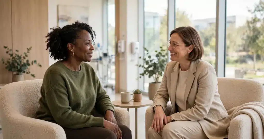 Photo of a woman meeting a financial counselor in a bright hospital office